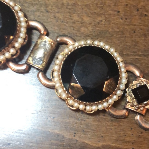 Vintage Jet Black Art Glass Rhinestone and Faux Pearl Bracelet - Picture 11 of 13